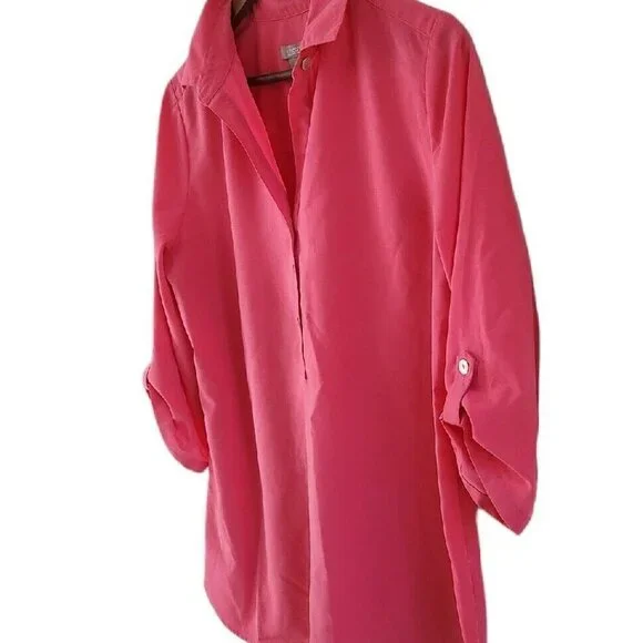 Chicos Pink Polyester Quarter Button Front 3/4 Roll Tab Sleeves Tunic Size 1 M 8 - Picture 4 of 6